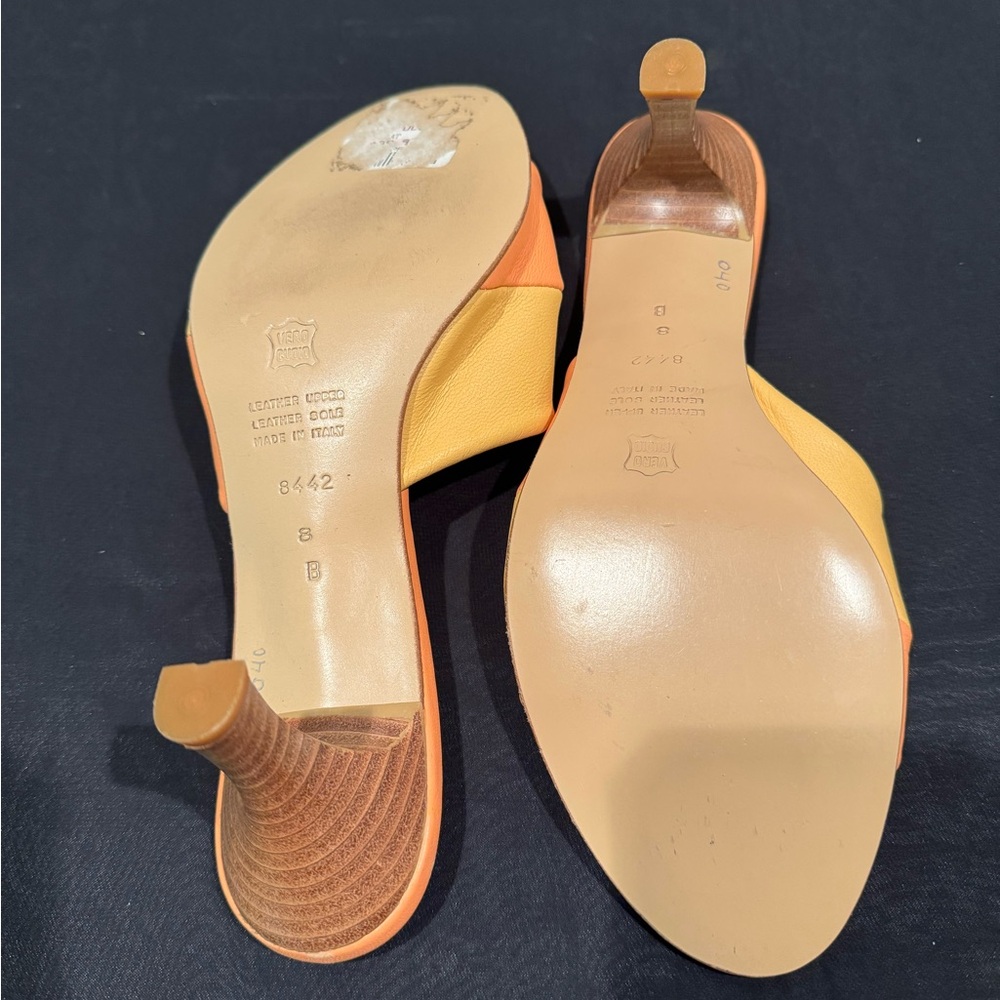 Massimo Baldi Italian leather  orange and yellow kitten heel mule sandals. Size8 - Picture 2 of 5